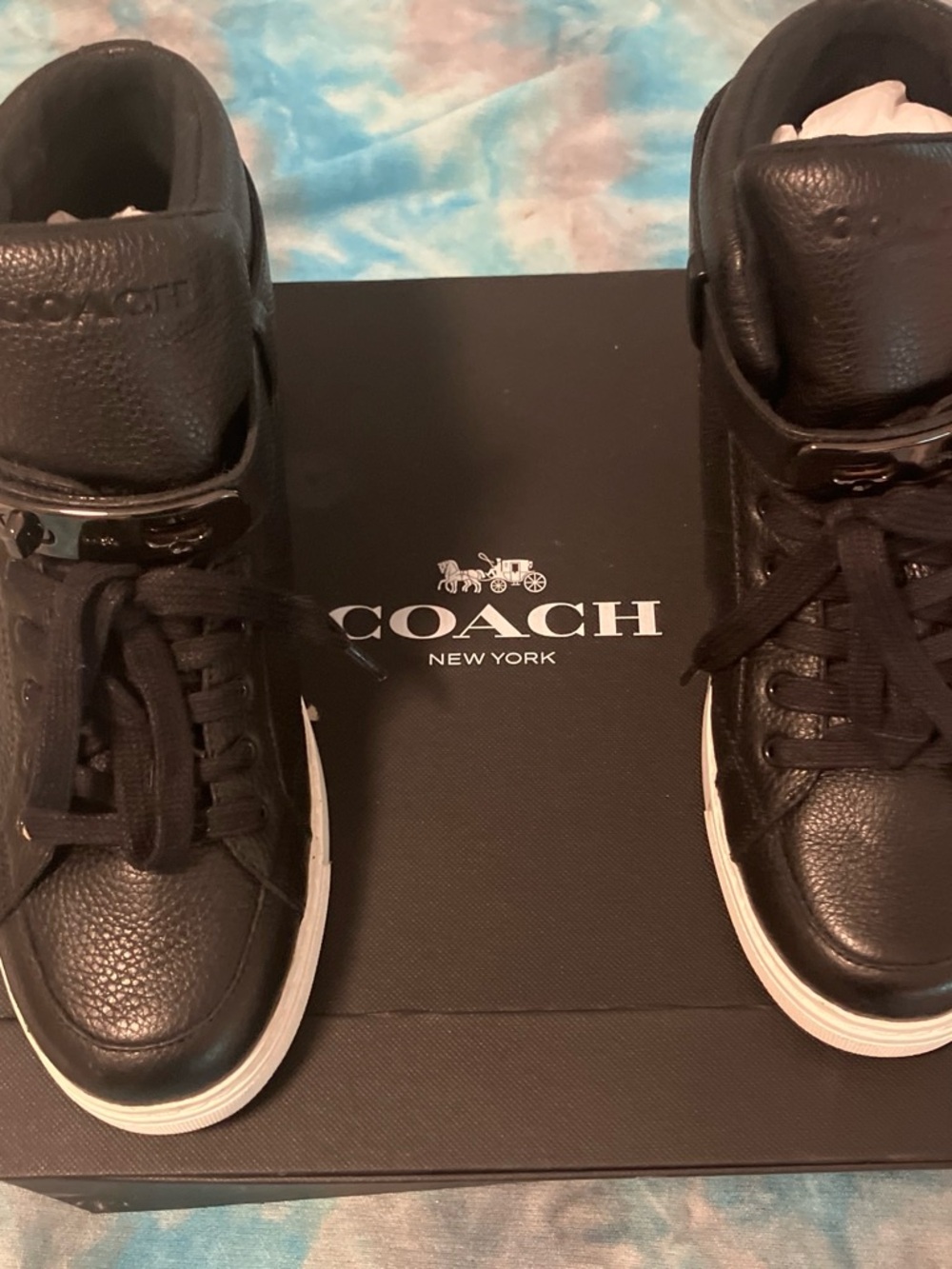 Coach Men’s Black Leather High-Top Sneakers with White Sole